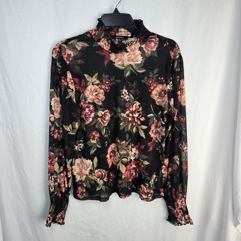 Ambiance Mesh Dark Floral Blouse Womens XL Smocked High Neck Romantic Whimsigoth
